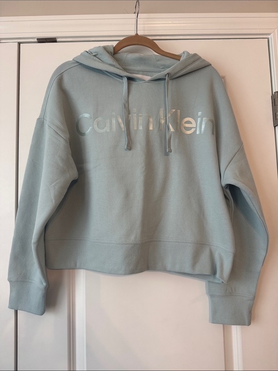 Calvin Klein Tops - Calvin Klein Pale Green Cropped Pullover Hoodie with Metallic Logo